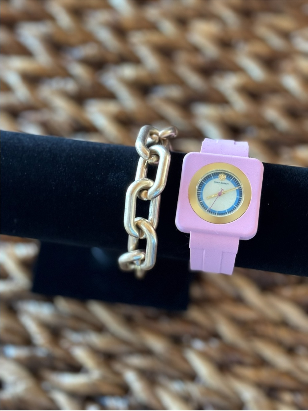 Tory Burch Izzie Watch Pink Silicone Square Watch with Gold Bezel 36 mm - Picture 15 of 15